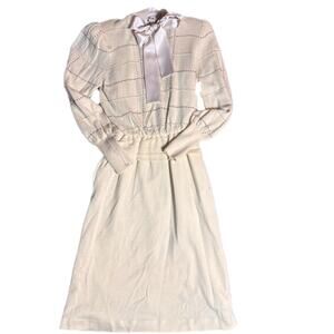 1970s cream peplum a-line dress with cream and pink pearls and silky neck tie